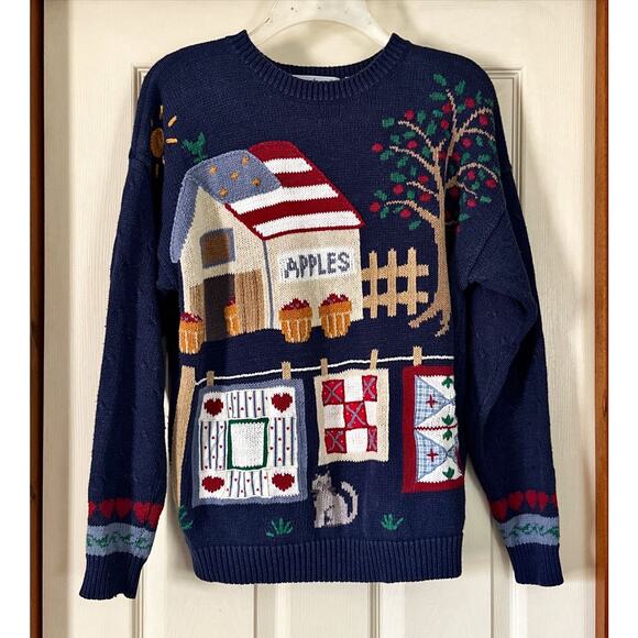 Signature by Northern Isles Hand Embroidered Apple Barn Large Sweater VINTAGE - Picture 1 of 6